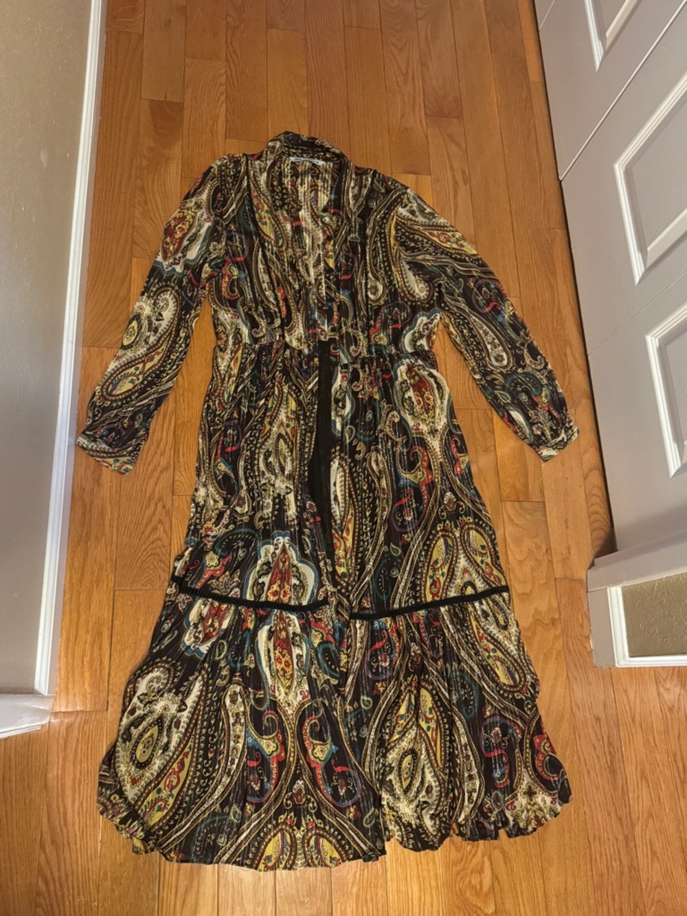 Zara Black Paisley Long-Sleeve Tiered Maxi Dress